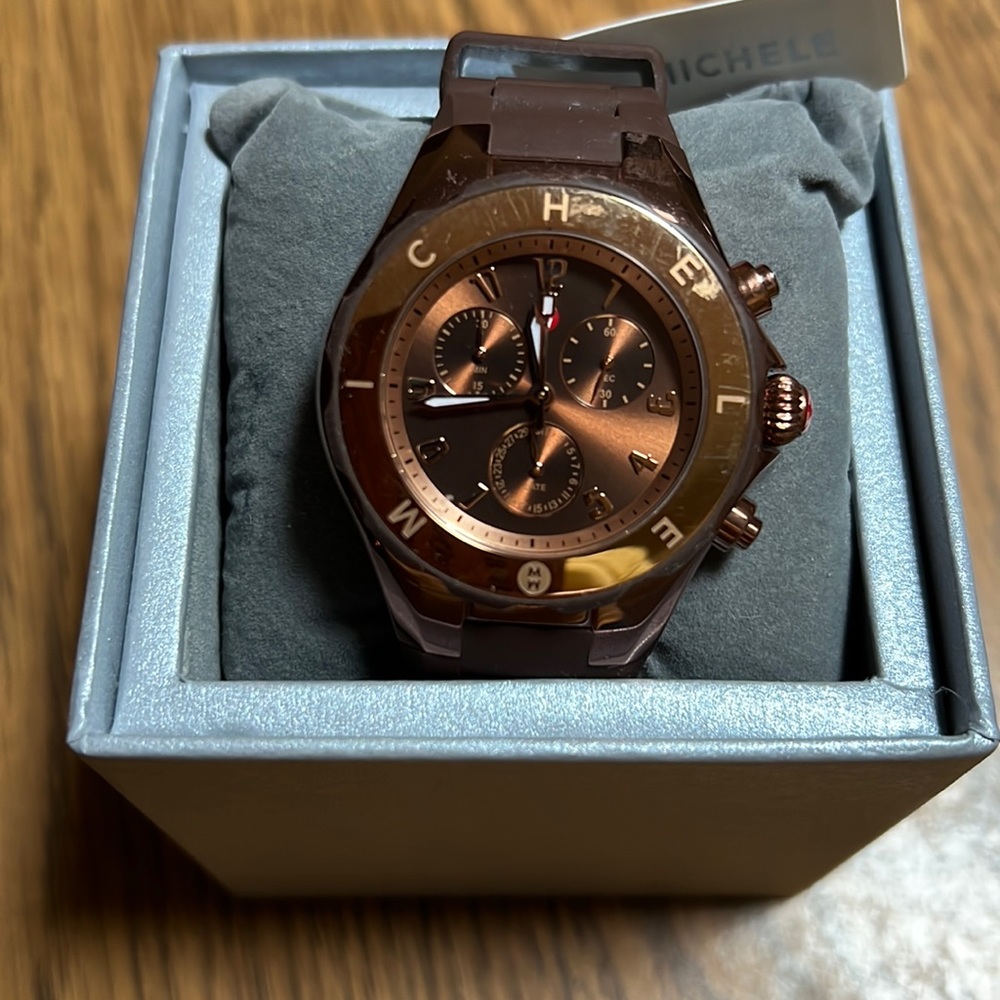 Michele watch. Brown band, gold chronograph face. No smoking/ pet free home.